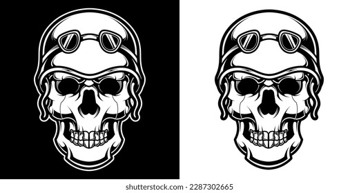 Skull in motorcycle helmet and goggles in black and white vintage monochrome style isolated vector illustration