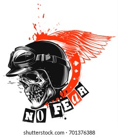 Skull in motorcycle helmet and an orange wing with text No Fear.