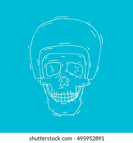 Skull in a motorcycle helmet. Retro racer. T-shirt graphics. Hand drawn design. Vector illustration.