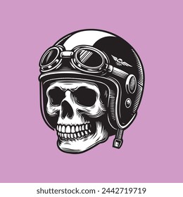 Calavera en un casco de motocicleta, plantilla de logotipo de motociclista vintage, ilustración vectorial