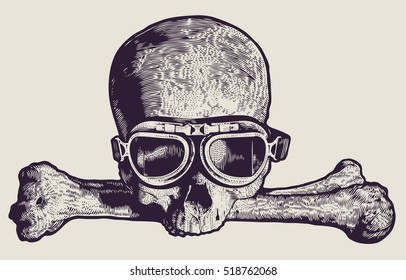 Skull In Motorcycle Retro Glasses And Crossbones. Biker Symbol. Handmade Detailed Drawing. Vector Illustration.