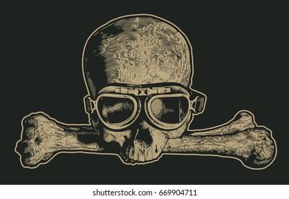 Skull In Motorcycle Retro Glasses And Crossbones. Biker Symbol. Handmade Detailed Drawing. Vector Illustration.
