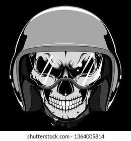 Skull of a motorcyclist in a protective helmet. Vector image on black background.