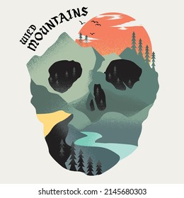 Skull mountain scape, sun and typography.