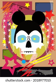 Skull with mouse ears, pop art stars background vector.