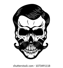 Skull with moustaches. Design element for poster, t shirt, card. Vector illustration