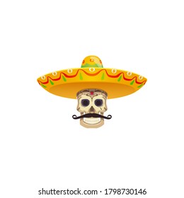 Skull with moustaches and sombrero hat isolated Dia de los muertos mexican holiday attributes. Vector Cinco de Mayo holiday objects, fiesta party attributes. Dead mariachi musician or charro cowboy