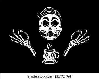 Skull with mug. Mug coffee skull illustration. Black background.