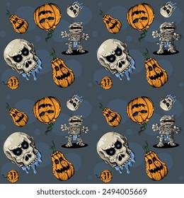 Skull, mummy and pumpkin, halloween pattern - vecto background, pattern