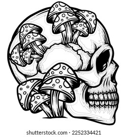 Skull mushroom hand draw vector coloring page 