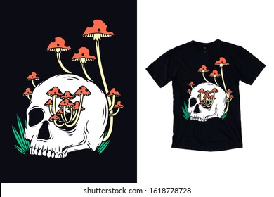 Skull and mushroom illustration for t shirt design