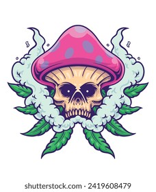 Skull mushroom with leaves and smoke psychedelic illustration