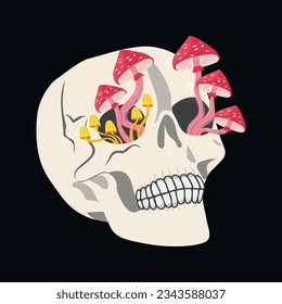 Skull with mushrooms on black background. Halloween vector illustration