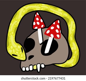 Skull with mushrooms on the top, with snake writhing around. On dark floral background.