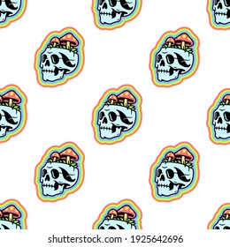 SKULL AND MUSHROOMS RAINBOW TRIPPY BADGE SEAMLESS PATTERN COLOR WHITE BACKGROUND