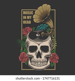 Skull music in Head vector illustration for your company or brand