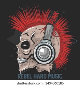 SKULL MUSIC HEADPHONE PUNK MOHAWK HAIR VECTOR ARTWORK