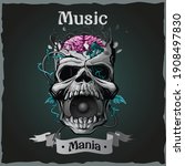 Skull. Music mania. Vintage dark t-shirt design
