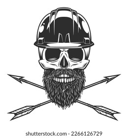 Skull with mustache and beard in construction helmet hard hat and vintage hunting arrow in monochrome style with design element for label or sign and emblem isolated vector illustration