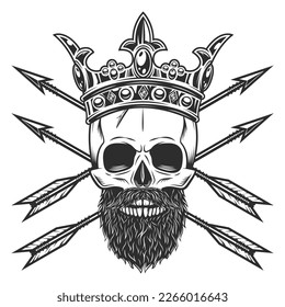 Skull with mustache and beard in royal crown and vintage hunting arrow in monochrome style with design element for label or sign and emblem isolated vector illustration