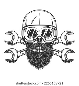 Skull with mustache and beard in safety glasses with body shop repair car and truck mechanic service tool crossed spanner or construction builder plumbing wrench vintage illustration