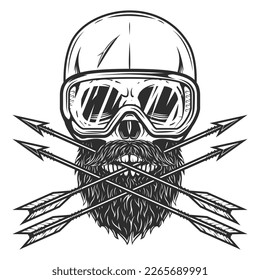 Skull with mustache and beard in safety glasses and vintage hunting arrow in monochrome style isolated vector illustration. Design element for label or sign and emblem