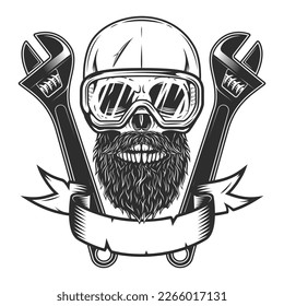 Skull with mustache and beard in safety glasses with construction wrench for gas and builder plumbing pipe or body shop mechanic spanner repair tool in monochrome style vintage vector illustration