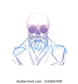 Skull with mustache, beard and sun glasses