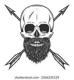 Skull with mustache and beard and vintage hunting arrow in monochrome style isolated vector illustration. Design element for label or sign and emblem