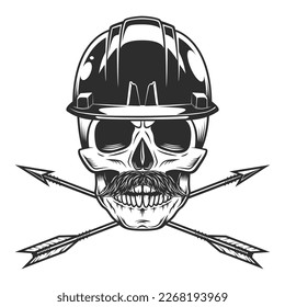 Skull with mustache in construction helmet hard hat and vintage hunting arrow in monochrome style with design element for label or sign and emblem isolated vector illustration