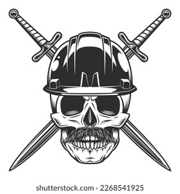 Skull with mustache in construction helmet hard hat and crossed sword Isolated on white background monochrome illustration