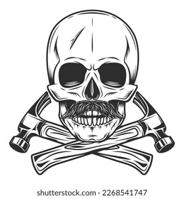 Skull with mustache and crossed builder hammers from new construction and remodeling house business in monochrome vintage style isolated vector illustration