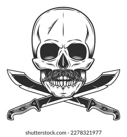 Skull and mustache with crossed machete sharp knife melee weapon of hunter in jungle. Black and white vector isolated on white background