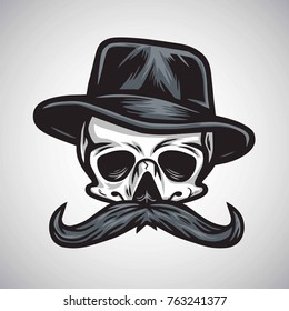 Skull Mustache Gentleman in Hat Logo Vector Vintage Illustration Icon
