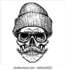 Skull with mustache, glasses and hat.  Black tattoo design on white background. Hand drawn line art vector illustration for design print shirt, poster, textiles, tattoo, cover. Traditional art.