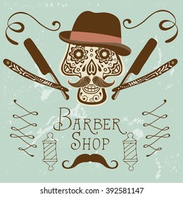 Skull with mustache and hat. Retro style hand drawn graphics for barber shop emblem