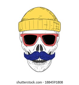 Skull with mustache, hat and sunglasses. Vector illustration. Isolated object on white. Hand-drawn style.