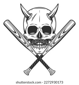 Skull with mustache and horn with baseball bat club emblem design elements template in vintage monochrome style isolated vector illustration