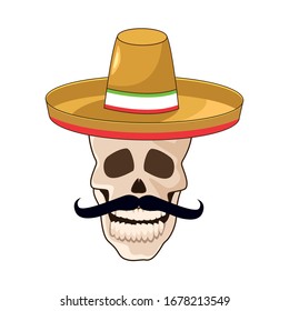 skull with mustache and mexican hat vector illustration design