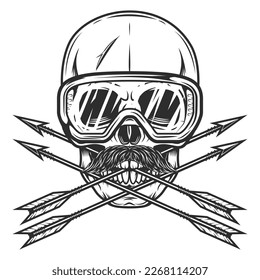Skull with mustache in safety glasses and vintage hunting arrow in monochrome style isolated vector illustration. Design element for label or sign and emblem