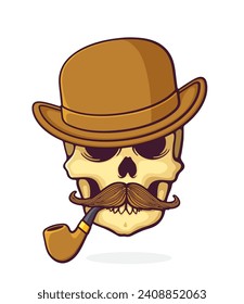 Skull with a mustache, smoking pipe and bowler hat. Vector illustration. Hand drawn cartoon clip art with outline. Isolated on white background