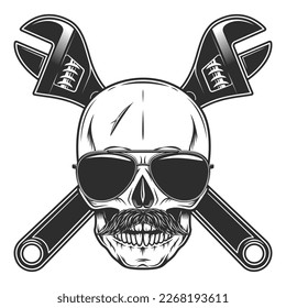 Skull with mustache in sunglasses with construction wrench for gas and builder plumbing pipe or body shop mechanic spanner repair tool in monochrome style isolated vintage vector illustration