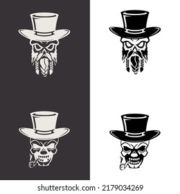 skull with mustache, top hat and smoking pipe. gentleman club emblem. Vector illustration.