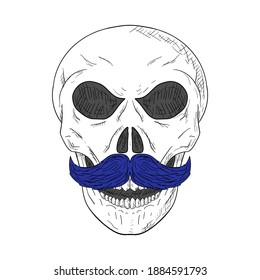Skull with mustache. Vector illustration. Isolated object on white. Hand-drawn style.