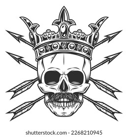 Skull with mustache in and vintage hunting arrow in monochrome style with design element for label or sign and emblem isolated vector illustration