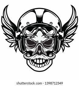 Skull with mustache and Wings on Helmet Vector suitable for T-shirt 