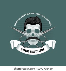 Skull with mustaches and crossed scissors. Barbershop emblem template in vintage style. Stock vector illustration.