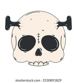 Skull with nails in head illustration in black and white, Vector