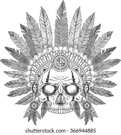 skull of native american in chief headdress