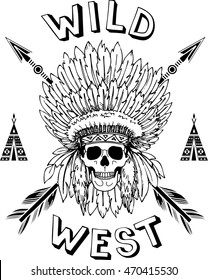 skull of native american in chief headdress